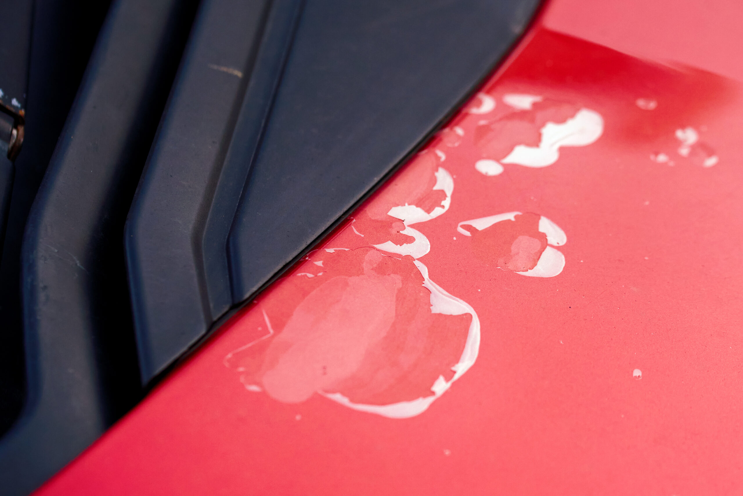 Clear coat peeling, red car with peeling paint and clear coat damage, automotive wear and tear, surface defects and oxidation. Sun damage car paint paint. Need for paint repair and restoration